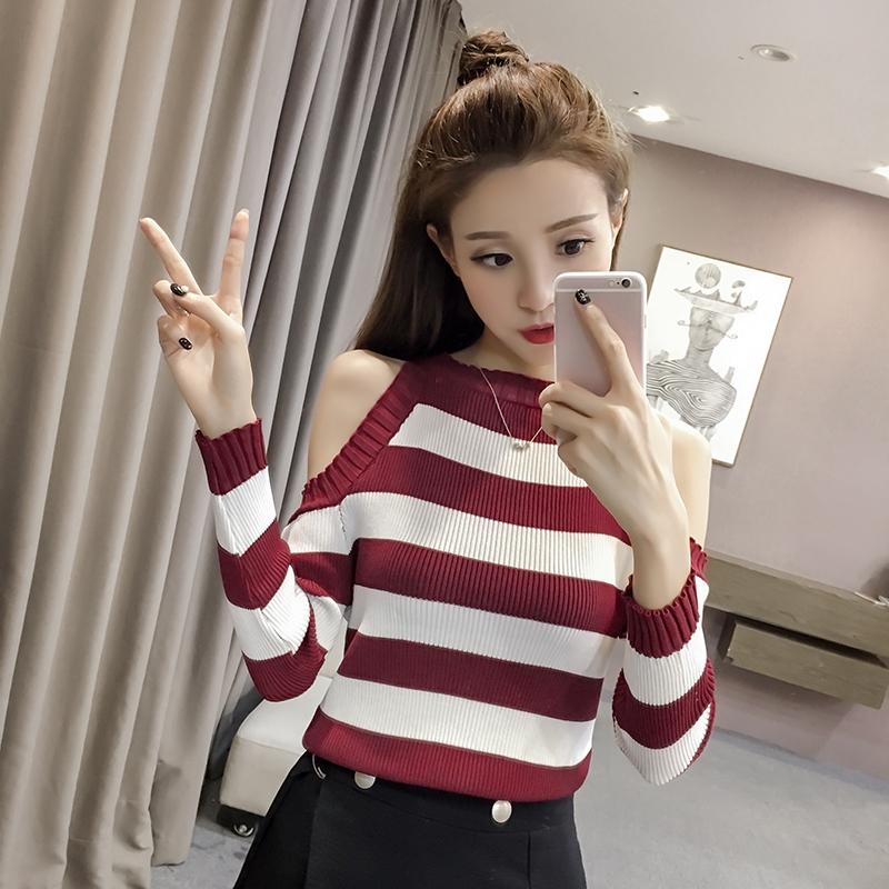 Pofulove Women's Striped Knitted Sweater Long Sleeve Turtleneck Pullover Sexy Off Shoulder Sweater