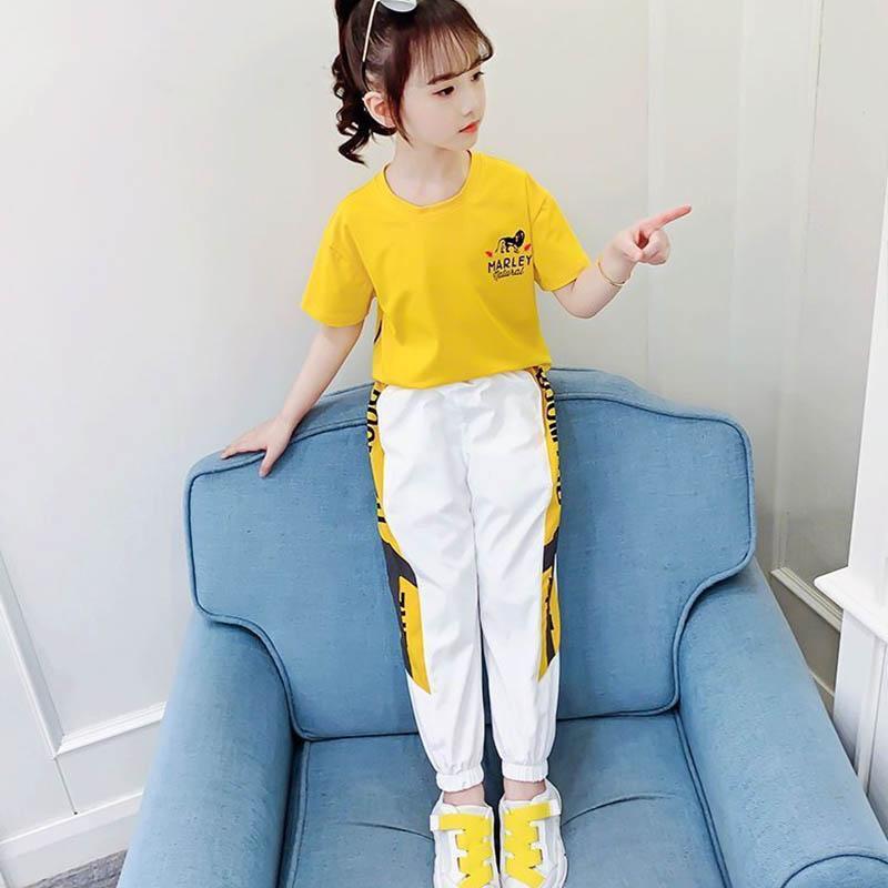 Cartoon Letter Printing Children's Suit Girls Summer Short-sleeved Trousers Sports Leisure Loose and Comfortable Breathable Children's Two-piece Set