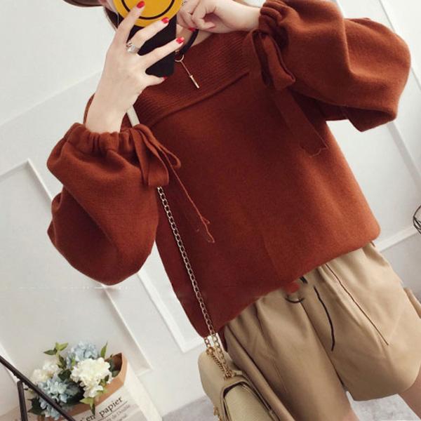 Fashion Solid Color Lantern Sleeve Sweater Women's Loose Pullover Knitwear Regular Puff Sleeve Top Outer Wear