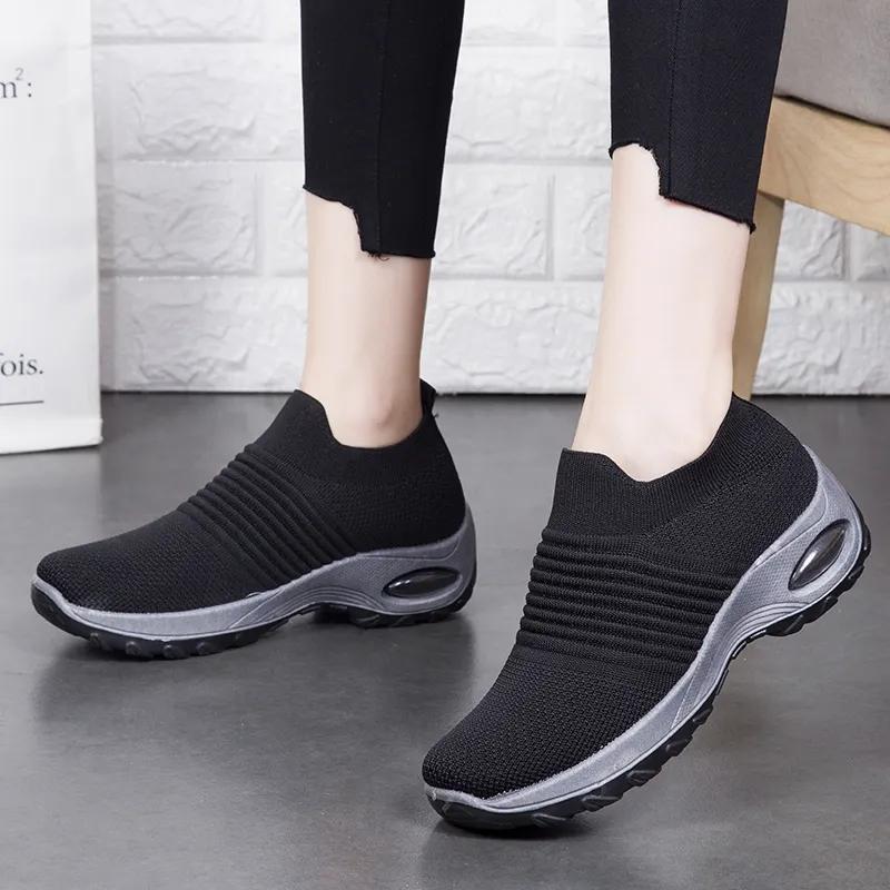 Women's Mid High-heeled Sneakers Casual Breathable Mesh Sports Shoes Running Flat Shoes Slip on Thick-soled Dance Shoes