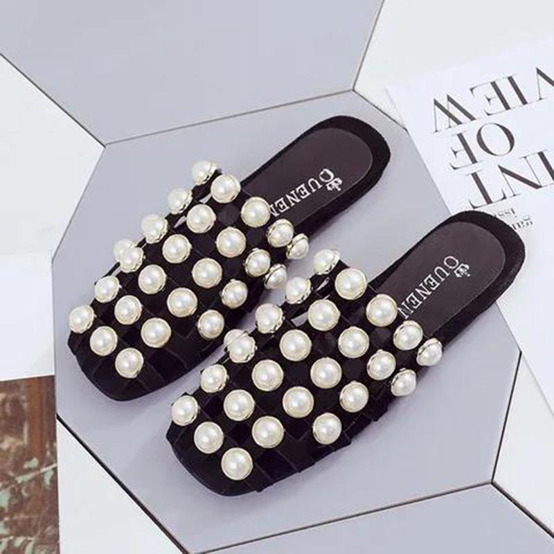 Women's Shoes Hollow Bright Beads All-match Casual Sandals with Low Heels Convenient and Not Hurting Feet Korean Pearls