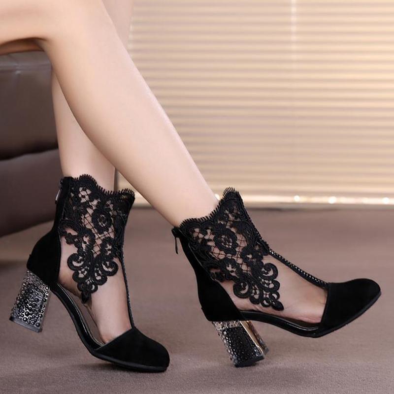 Spring  Summer Women's Boots  Leather High-heeled Mesh Short Boots Thick with All-match Pointed Toe Single Boots  Lace Hollow Pink Mesh Boots