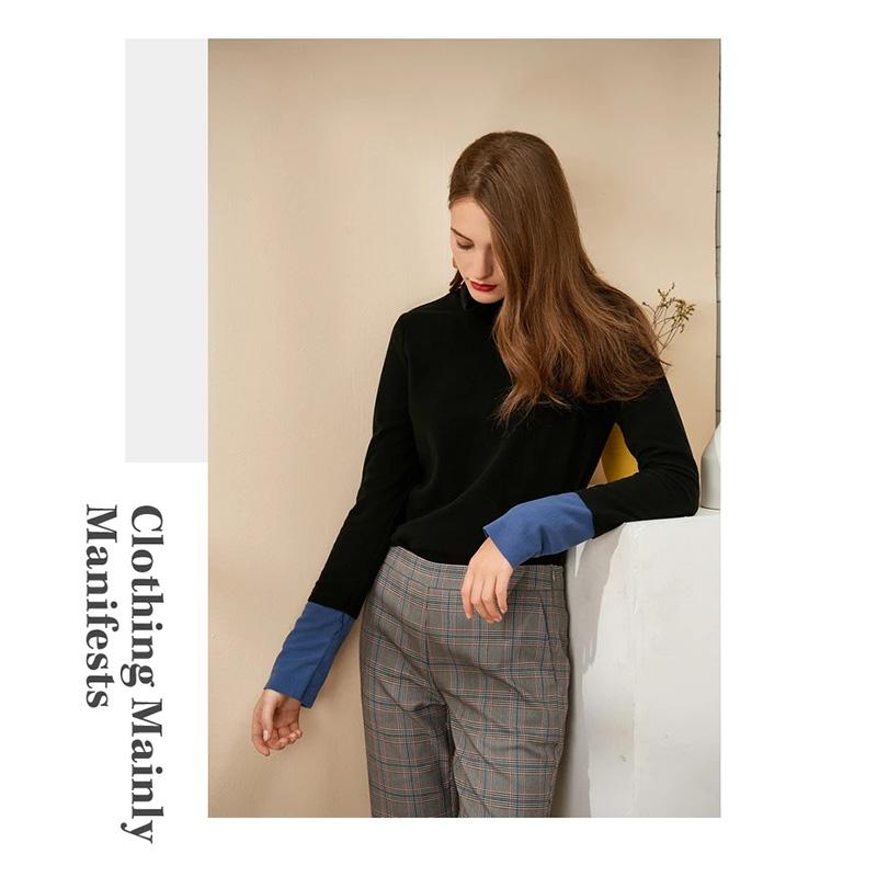 Women's High Neck Knitted Shirt Skin-friendly Breathable Stitching Color Bottoming Shirt Pull Over High Collar Loose Fit Long Sleeves T-shirt Basic