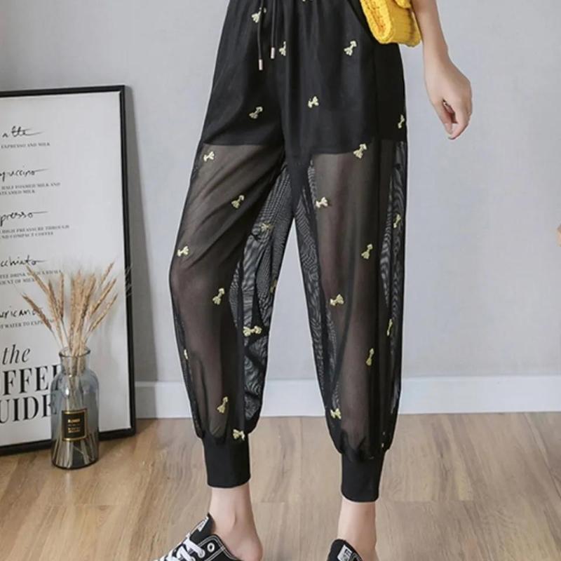 Net Yarn Loose Foot Mosquito Pants Women's Summer Casual Pants Thin Ice Silk Bloomers Embroidered Nine-point Sun Protection Pants
