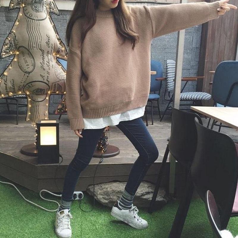 Autumn and Winter College Style Coat Solid Color Loose Top Knitted Long-sleeved Female Student Bottoming Shirt