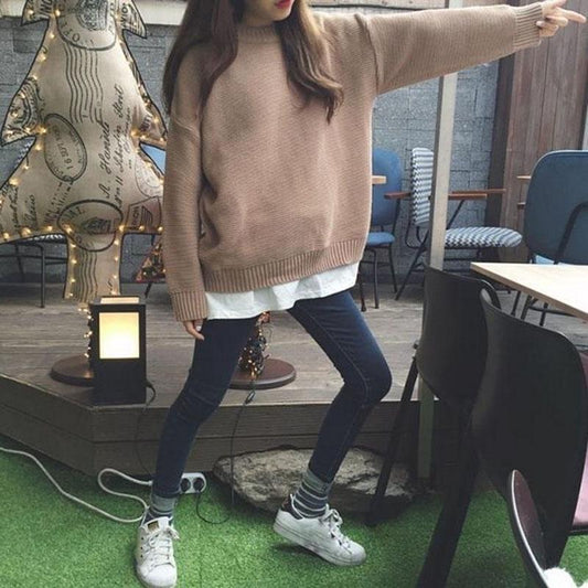 Autumn and Winter College Style Coat Solid Color Loose Top Knitted Long-sleeved Female Student Bottoming Shirt