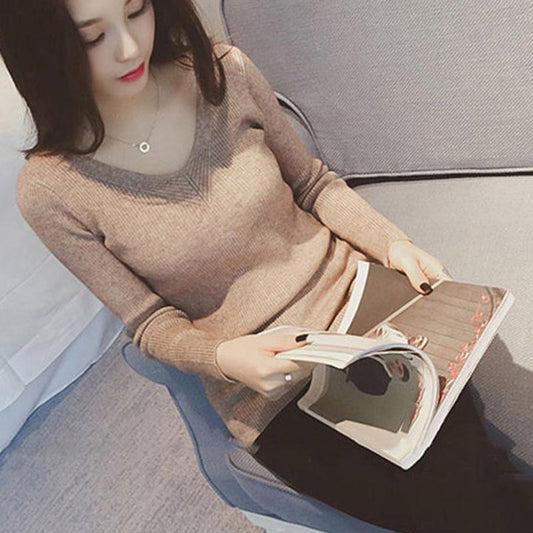 Core-spun Yarn Autumn and Winter Women's Blouse V-neck Knit Bottoming Shirt Slimming Long-sleeved Sweater Top