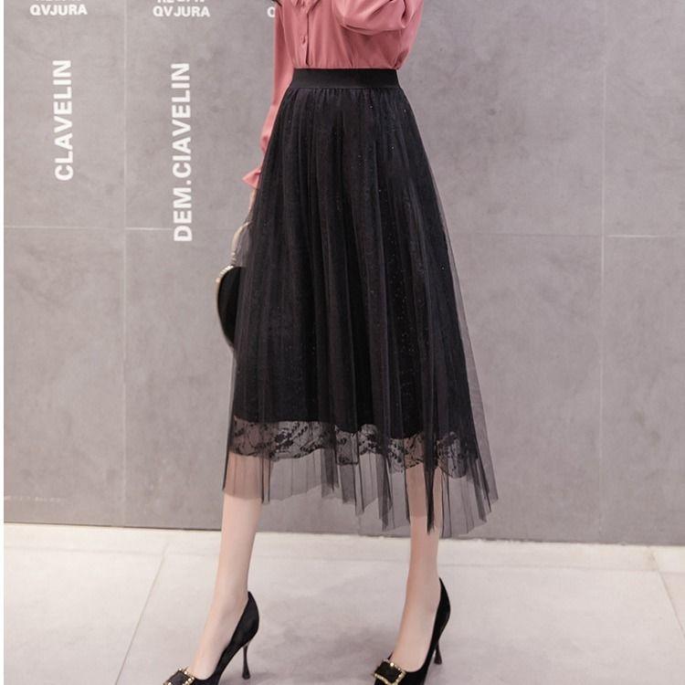 Three Layers Yarn Skirt Woman's Mid-length Elastic Waist Printed Lace High Waist A-line Skirt Pleated Skirt Tender Sexy