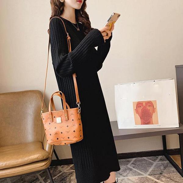 Autumn and Winter Round Neck Loose Dress All-match Knee-thick Knit Bottoming Skirt Solid Color Long Warm Sweater