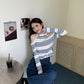 Design Striped Long-sleeved T-shirt Women Halter Neck Slant Button Off-shoulder Cropped Top Knitted Sweater