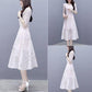 Pofulove S-3XL Women Summer High-end Floral Chiffon Dress Short-sleeved V-neck A-line Evening Dress