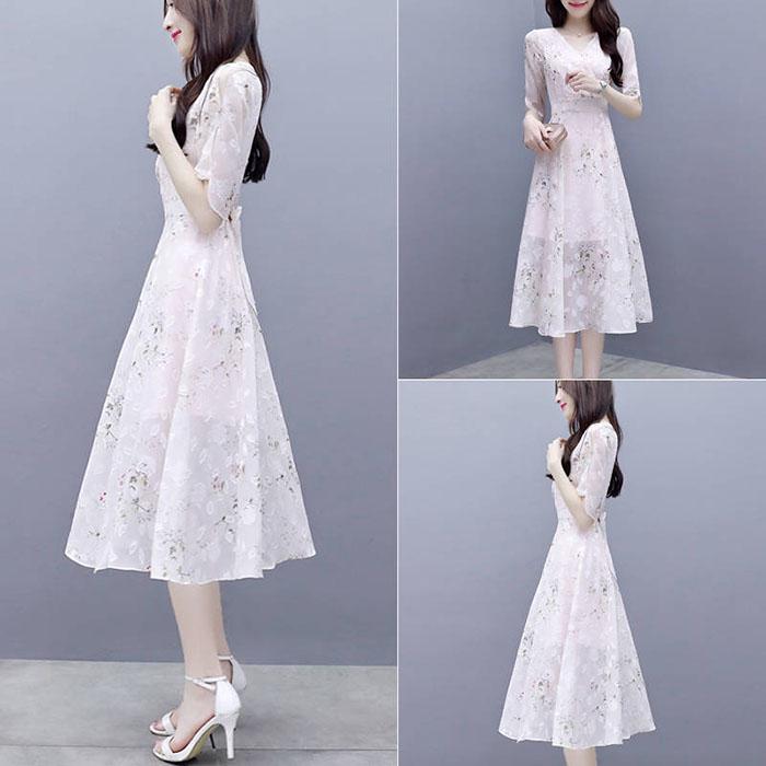 Pofulove S-3XL Women Summer High-end Floral Chiffon Dress Short-sleeved V-neck A-line Evening Dress
