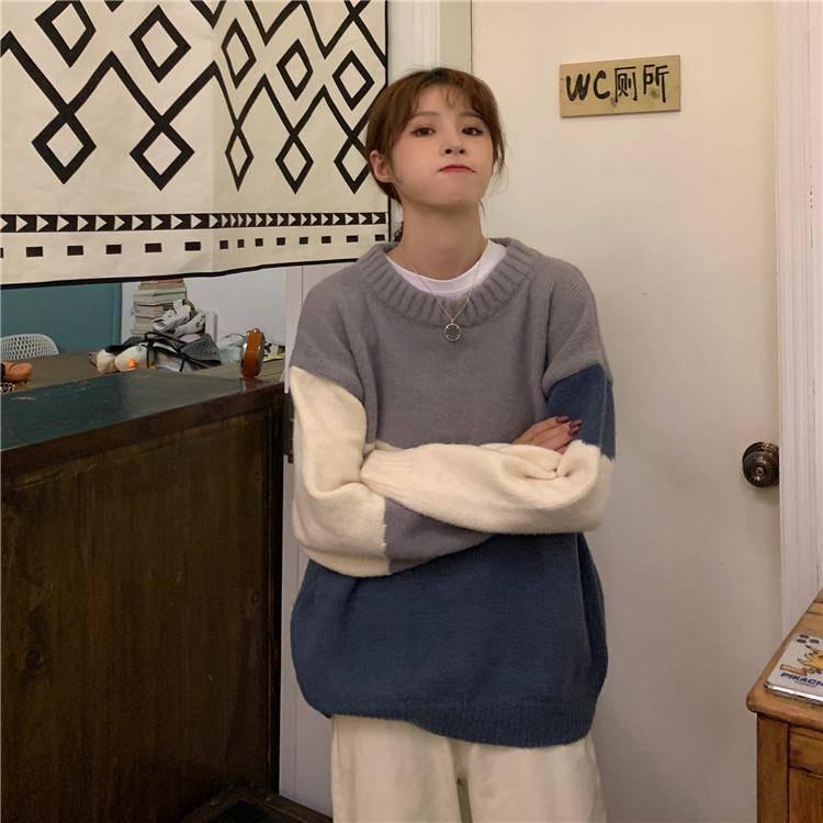 Pofulove Sweater Loose Autumn Winter Korean Lazy Color Matching Striped Round Neck Pullover