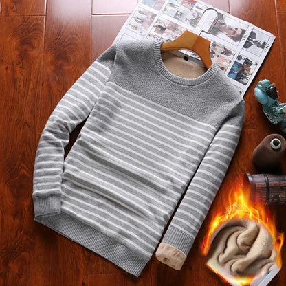 Mens Sweater Pure Cotton Striped Bottoming Sweater Long-sleeved Sweatshirts Plus Velvet Thickening To Keep Warm Autumn