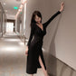 Sexy Royal Sister Dress Female Temperament Light Mature Wind Over The Knee Long Skirt Slit Drawstring V-neck Low-cut Thin Hip Skirt
