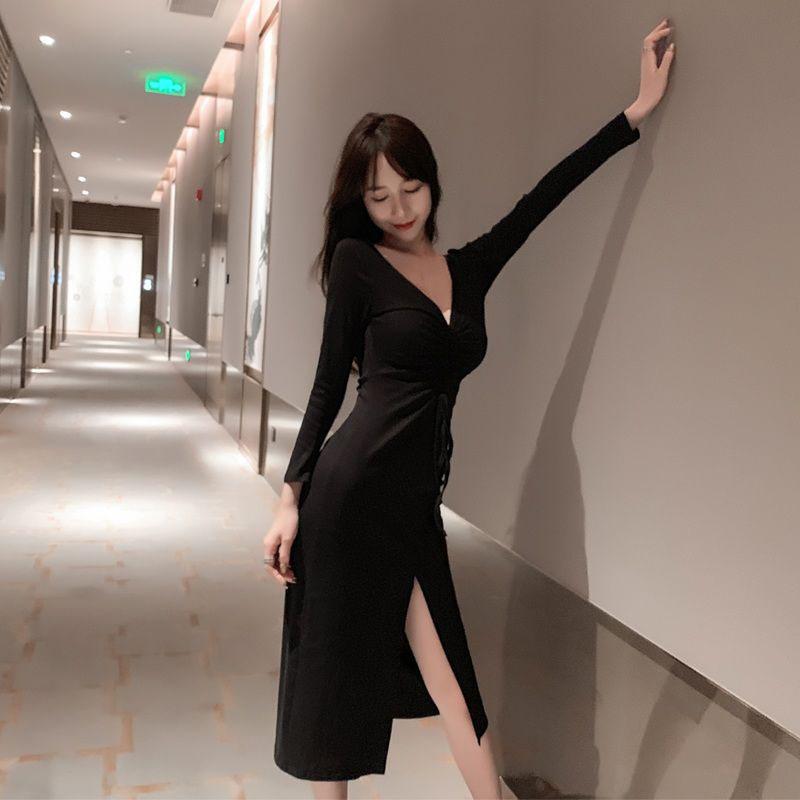 Sexy Royal Sister Dress Female Temperament Light Mature Wind Over The Knee Long Skirt Slit Drawstring V-neck Low-cut Thin Hip Skirt