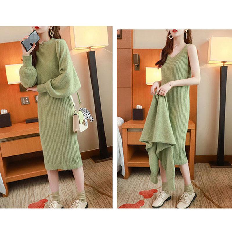 Two Piece Set Women Autumn Wear Loose Pullover Batwing Sweater and Sleeveless Strap Sweater Dress Ladies Outfits