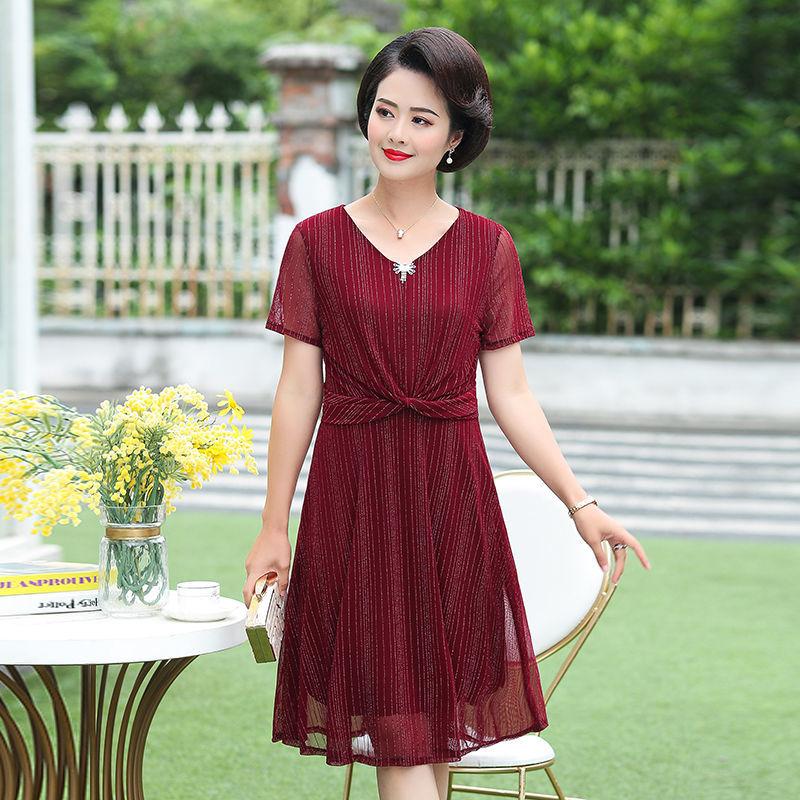 XL-XXXXXL Women's Summer Dress Middle-aged Mother Chiffon Veil Short Sleeve V-Neck Printing Mid-length Daily Wear