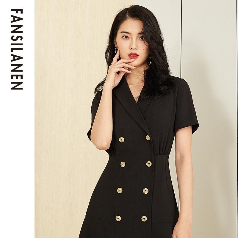 Vintage Suit Collar Short Sleeve A Line Dresses Elegant France Office Ladies Dress Retro Robe Dress