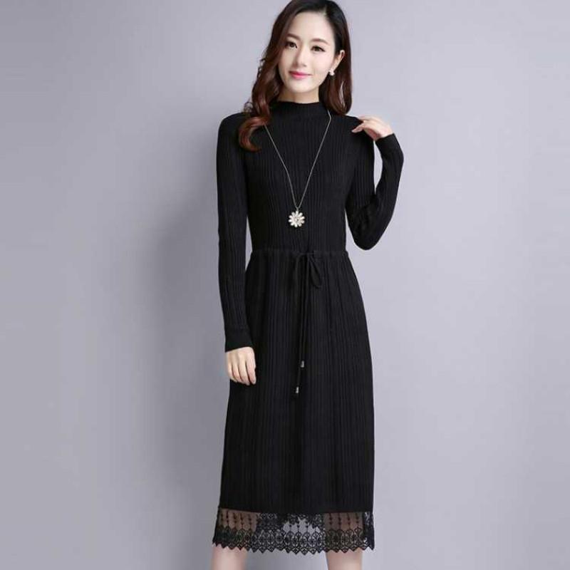 Women Solid Color Sweater Dress Long Section Turtleneck Lace Knitted Skirt Pullover