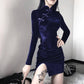 Women Chinese Style Suede Split Dress Slim Short Sleeve Short Dress Over The Knee Hip Dress