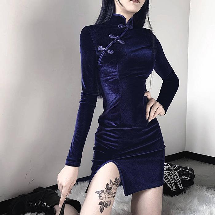 Women Chinese Style Suede Split Dress Slim Short Sleeve Short Dress Over The Knee Hip Dress