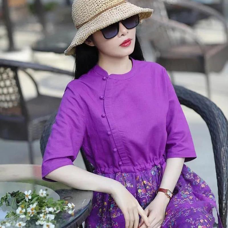 Purple Plus Size Ethnic Style Dress Linen Print Retro Cheongsam Round Neck Button Closure Floral Dress