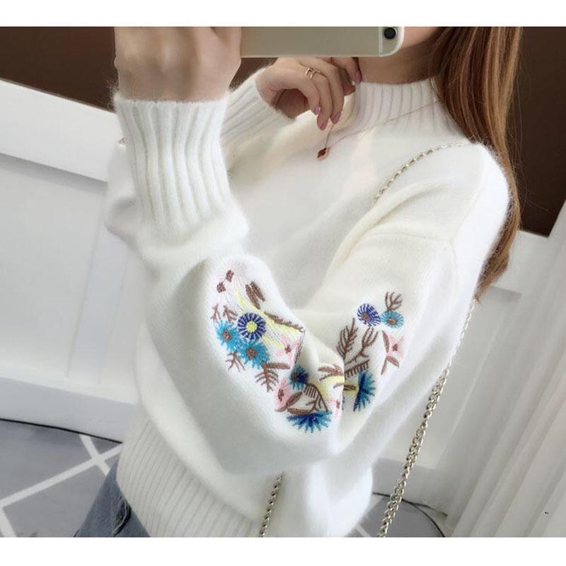Half Turtleneck Sweater Thicken Women's Autumn and Winter Short Embroidery Flower Base Knit Long Sleeve Pullover