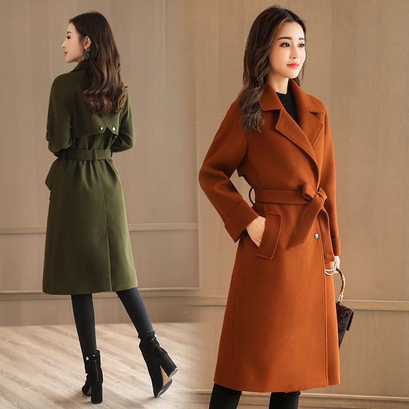 Long Women's Coat Lapel Pocket Belted Jackets Solid Color Coats Female Elegant Outerwear Ladies Coat