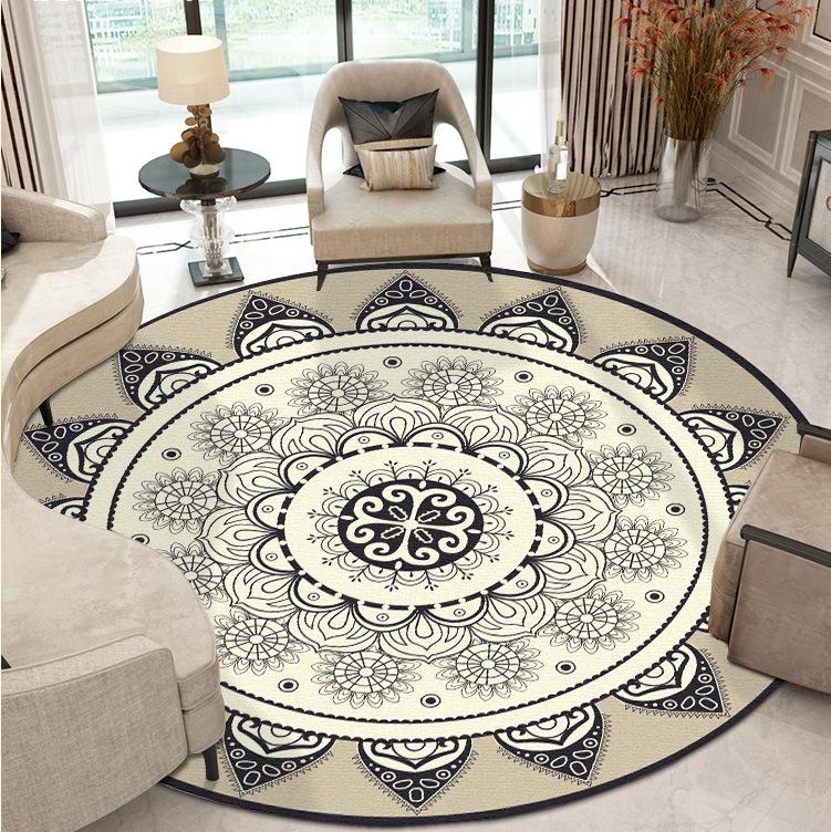 Round Carpet Ethnic Style Mandala Geometric Lotus Pattern Round Living Room Carpet Bedroom Non-slip Floor Mat Carpet