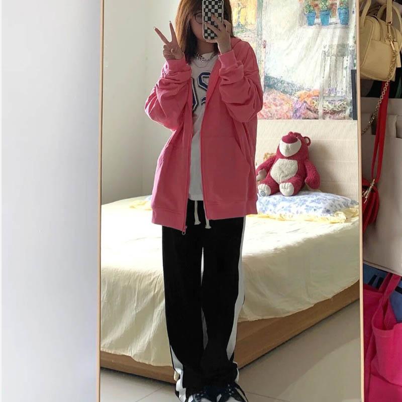 Black Bend Track Pants Women Loose Spring and Autumn Side Stripes Straight Casual Pants High Waist Pants Drape Wide-leg Pants