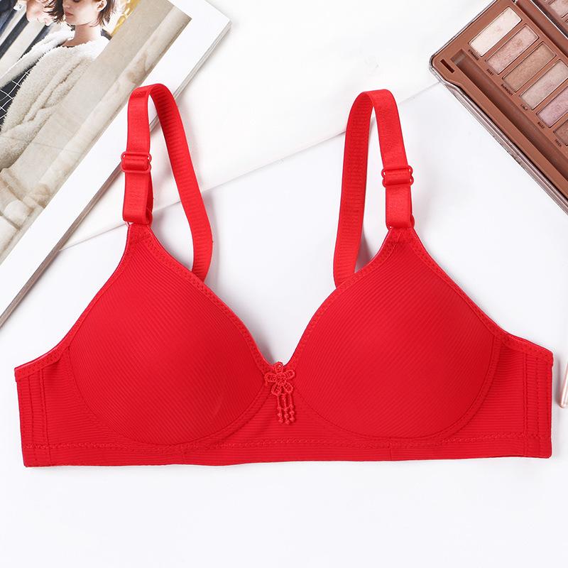 Women Simple No Steel Ring Thin Section Side Gathering Breathable Sweat-absorbing Adjustable Glossy Solid Color Back Three-Row Bra