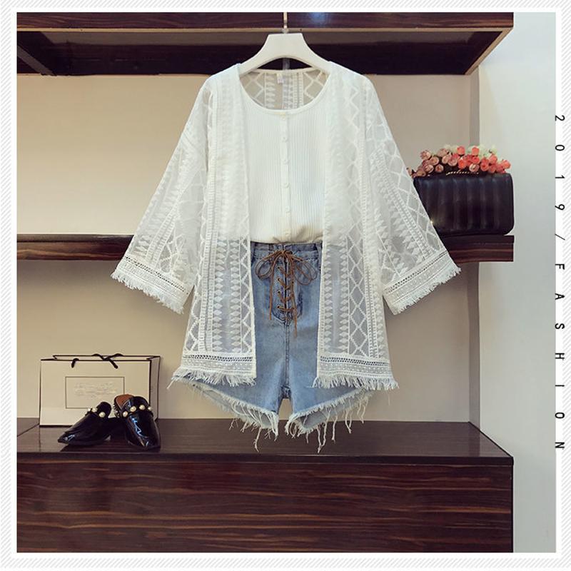 Fashion  Plus Size 2 Piece Set Women Summer Hollow Lace Shirt Tops Vest Denim Shorts Three-piece Set