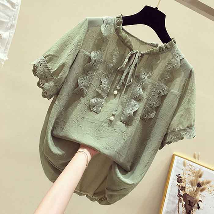 Chiffon Shirt Large Size Loose Women's Top Fashion Casual Hollow Lace Up Short Sleeve Top