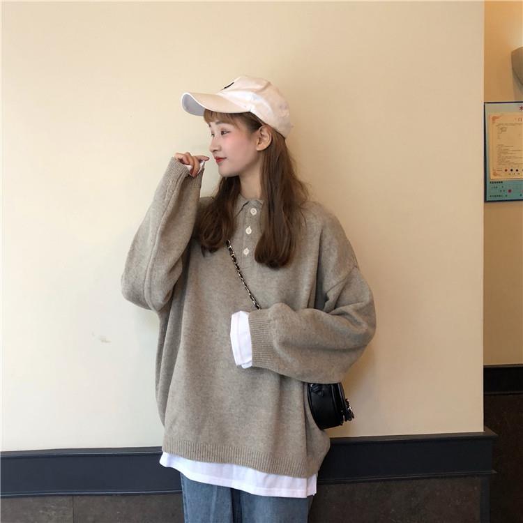 Pofulove Solid Color POLO Collar Sweater Jacket Female Autumn Winter College Style Sweater