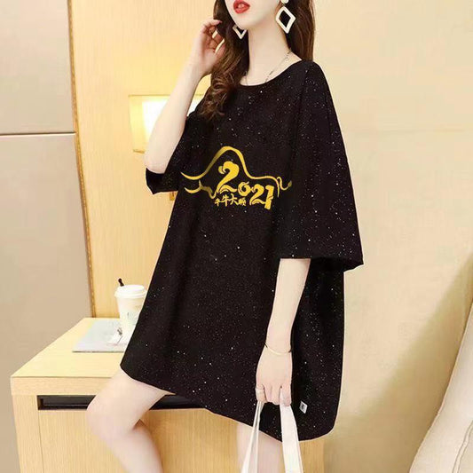 Open Back Design Women's Mid-length Loose T-shirts Women's Round Neck Short-sleeved Loose and Thin Women's Casual Loose T-shirts