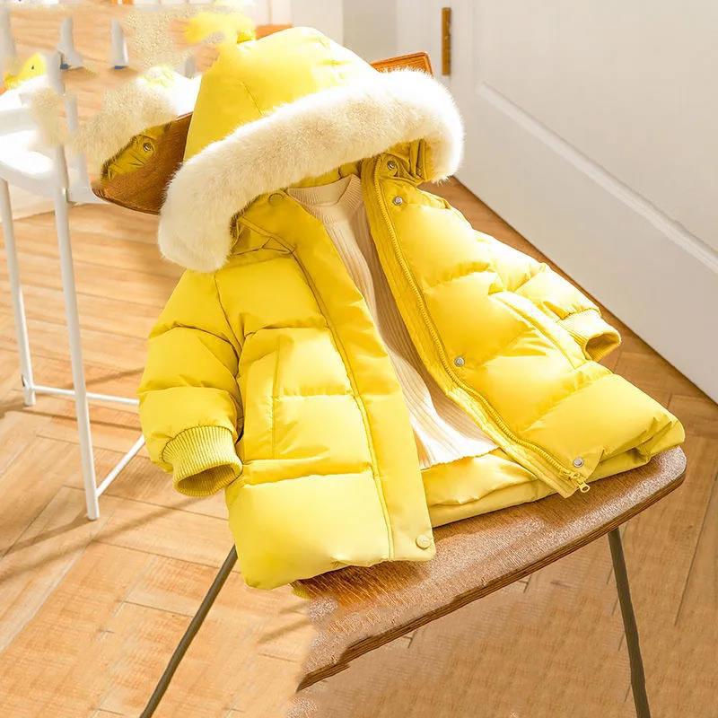 Children's Windproof Mid-length Girls' Warm Down Jacket Thickened Fur Collar Winter Coat