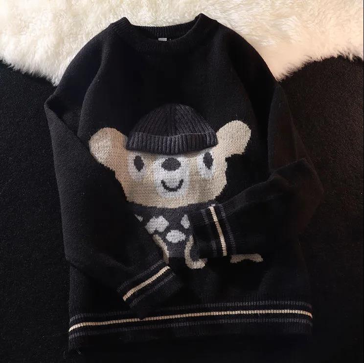 White Sweater Men's Loose Lazy Spring and Autumn Loose Couple Knitted Woolen Coat Retro Japanese Bear Sweater