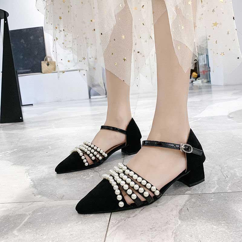 Plus Size 35-39 Summer Women Bohemian Prom High Heels Wear-resistant Non-slip Office Lady Sandals Pearl Shoes
