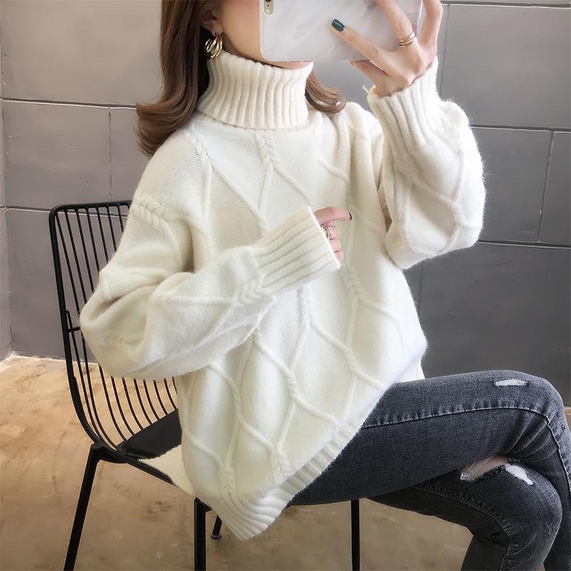 Autumn and Winter Clothes Loose Turtleneck Sweater Women's Twist Knit Split Bottoming Shirt Outer Wear