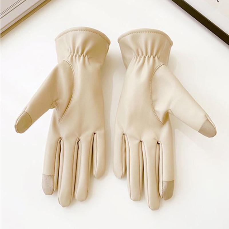 Leather Gloves Women's Winter Beige Imitation Sheepskin Pattern Plus Velvet Thick Warm Windproof Waterproof Touch Screen Gloves