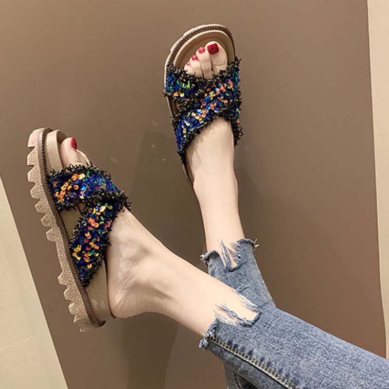 Sandals and Slippers Women's Summer Wear Korean Version of Flat-bottom Non-slip Cross Sequins Sponge Cake Thick-bottom Beach