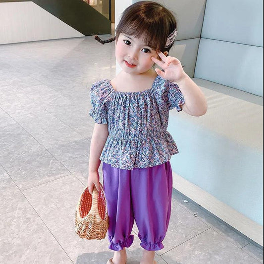 Girls Suit Summer Thin Korean Style Floral Short Sleeved Trousers Two Piece Set Casual Wear with Ruffles Puff Sleeve