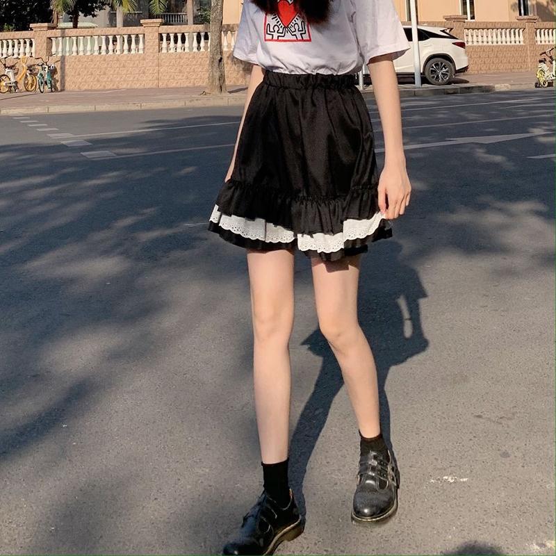 Women High Waist Pleated Skirt School Girl Lace A-Line Flare Skater Short Skirt Uniforms Cosplay Sweet Girls