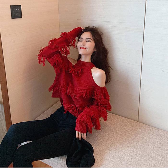 Women Sexy Off-Shoulder Turtleneck Pullover Halter Neck Tassels Knitted Bottoming Shirt