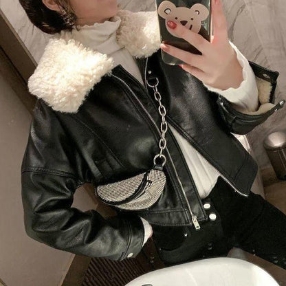 Women Winter Warm Faux Leather Jackets With Fur Collar Lady Black Motorcycle Biker Short Outerwear Coats Leather Jacket