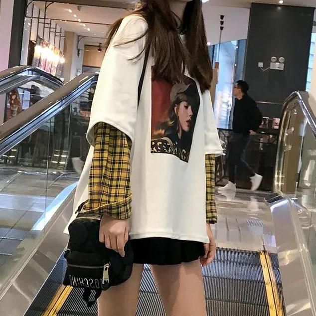 Fake Two-piece Splicing Tops Women's Spring and Autumn Long Sleeve Thin Sweater Large Size Loose Plaid Print Pullover