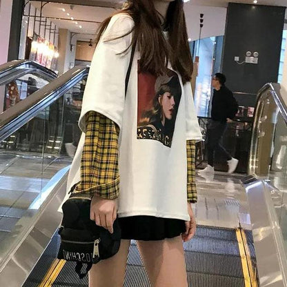 Fake Two-piece Splicing Tops Women's Spring and Autumn Long Sleeve Thin Sweater Large Size Loose Plaid Print Pullover