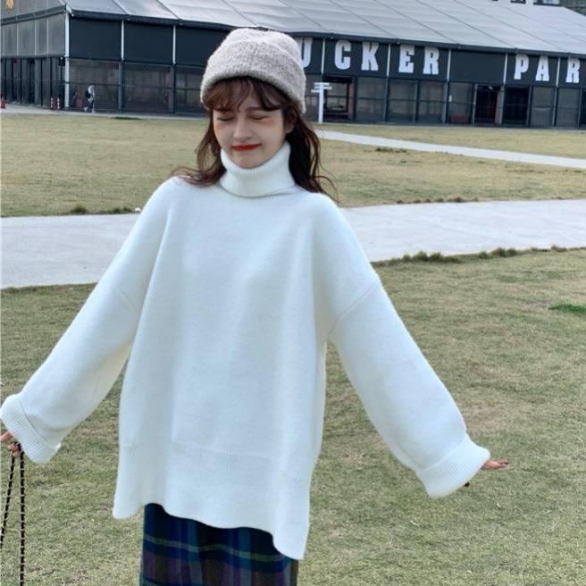 Winter Thick Turtleneck Wild Sweater Women Loose Pullover Split Solid Color Knitted Sweater