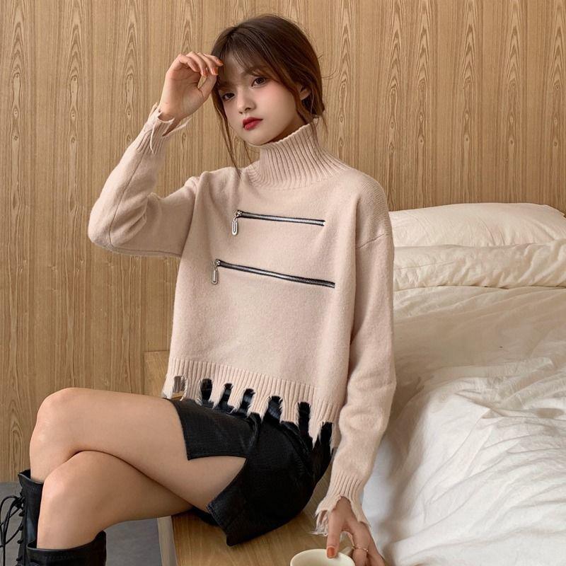 Women's Solid Color Trendy Fashion Zipper Slim Bottoming Sweater High Neck Tassel Short Knit Sweater